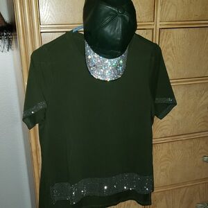 Green T-Shirt with Rhinestone Accents and Matching Cap